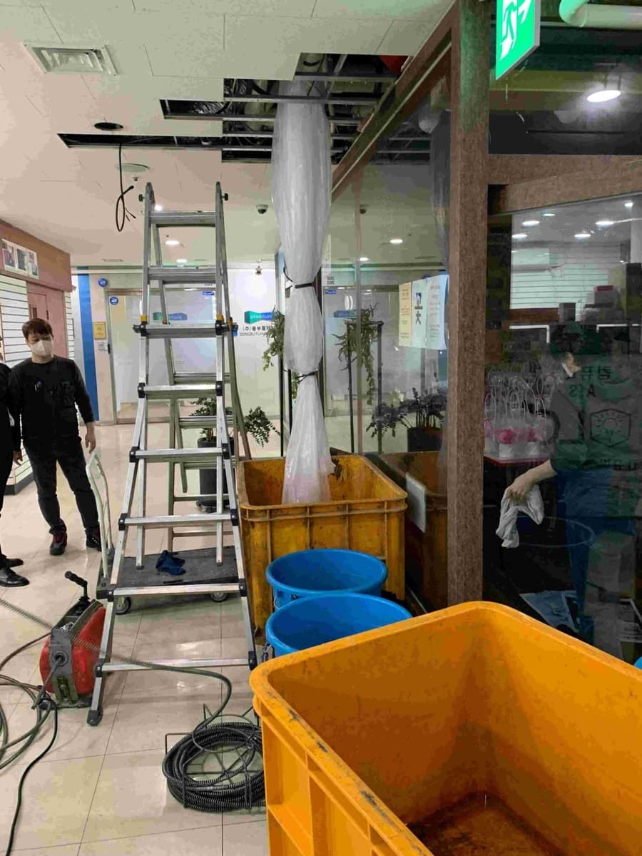 개포동 하수구 막힘 — 아래층 천장에서 물이 폭포처럼, 사우나 건물 긴급 통수